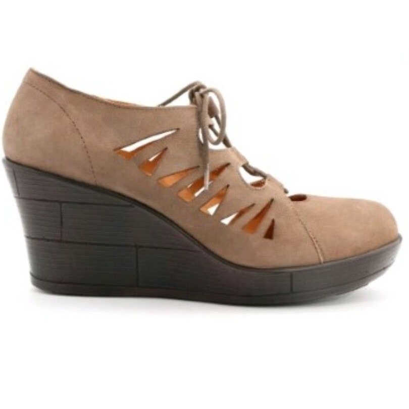 Abeo Kamela Ak150 Taupe Leather Laser Cut Lace Up Wedge Booties Womens 7m